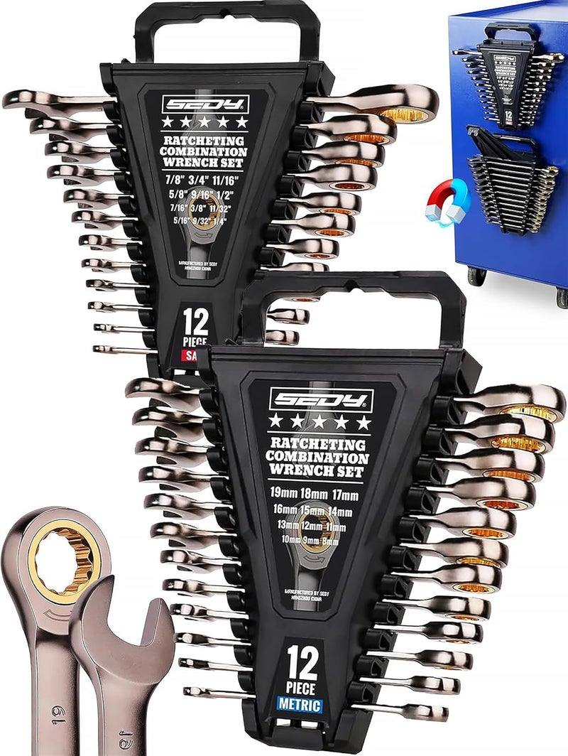 SEDY Premium 24-Piece Ratchet Wrenches Set with Magnetic Organizer, SAE 1/4"-7/8" & Metric 8mm-19mm, Cr-V Steel Ratcheting Wrench Set, Ratchet Combination Wrench Set for Automotive, Machine Repair - Image 1